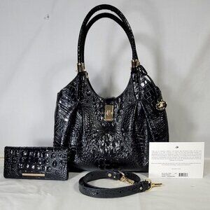 2 pc. BRAHMIN BLACK CELIA MELBOURNE LEATHER SHOULDER BAG/PURSE-ADY WALLET SET